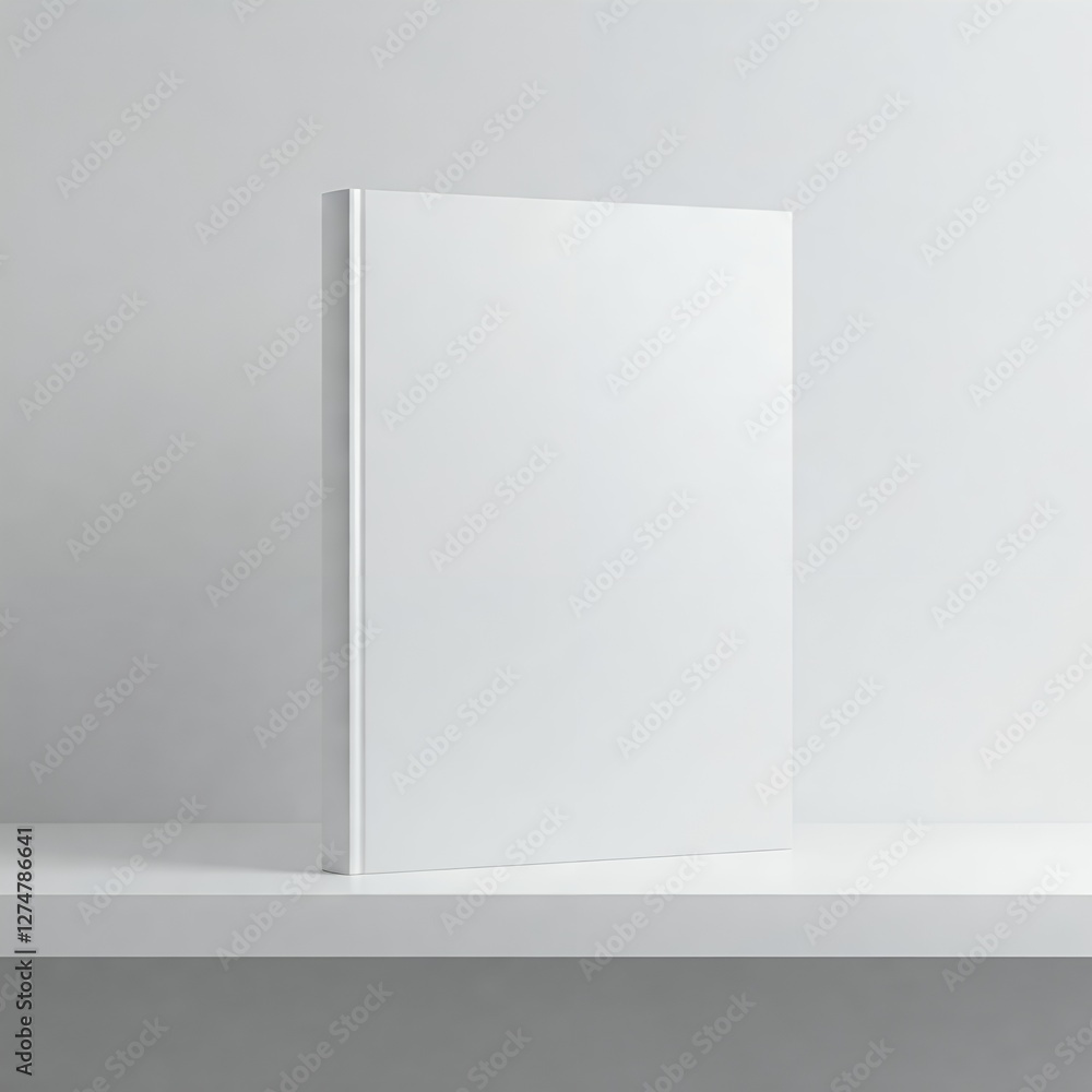 A blank book cover mockup, with a white cover, standing on a white shelf. A blank book cover mockup, with a white cover, standing on a white shelf.