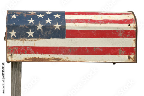 Rustic mailbox adorned with American flag design standing proudly in a rural setting isolated on transparent background photo