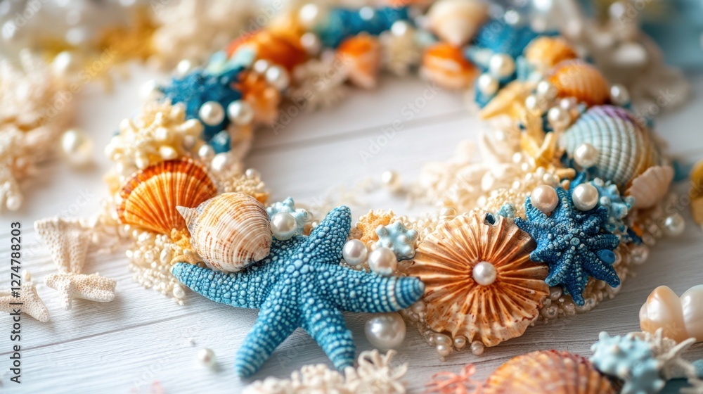 An ocean-inspired necklace with seashell and pearl elements, placed on white An ocean-inspired necklace with seashell and pearl elements, placed on white