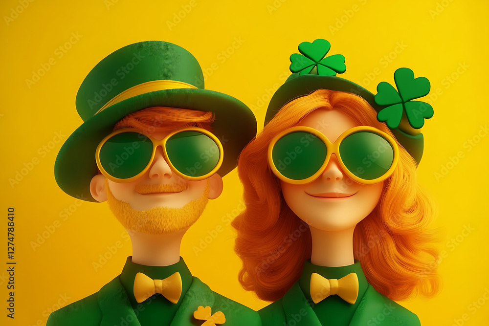 Fototapeta premium Cheerful couple dressed in festive green attire with sunglasses and shamrocks against a bright yellow backdrop