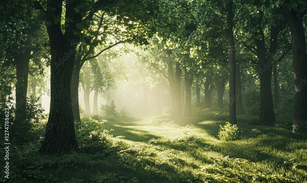 Obraz premium Tranquil forest scene with sunlight filtering through tall trees, soft green hues creating a calming atmospher