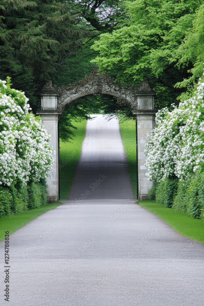 Castle Gate with flowering vegetation, trees and long driveway. Access road to an old historic Victorian castle. Castle Gate with flowering vegetation, trees and long driveway. Access road to an old historic Victorian castle.