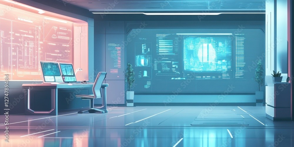 Futuristic control room features computers screens and large displays Futuristic control room features computers screens and large displays