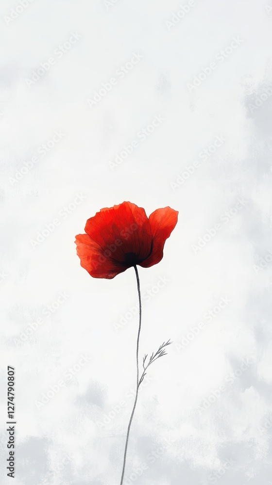 Obraz premium Vibrant red poppy stands tall against a soft cloudy sky