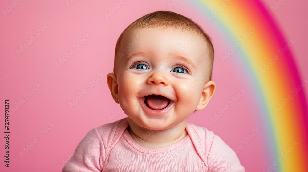 Experience the delight of a baby surrounded by vibrant rainbows in a serene, clean background setting. Brighten your day with joy Experience the delight of a baby surrounded by vibrant rainbows in a serene, clean background setting. Brighten your day with joy