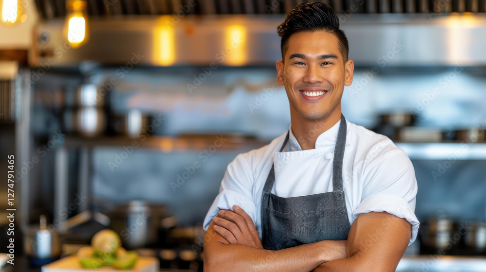 Fototapeta premium A skilled chef in a crisp apron, confidently smiling with arms crossed, embodies passion in a bustling kitchen.