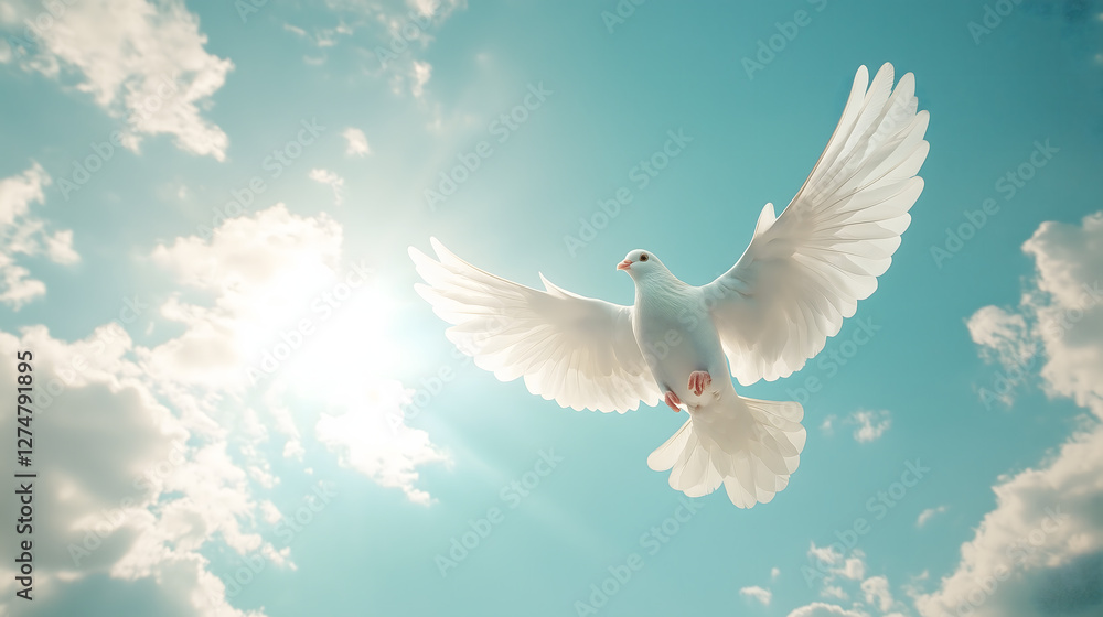 A serene white dove soaring through a bright blue sky with soft clouds, symbolizing peace, freedom, and spirituality A serene white dove soaring through a bright blue sky with soft clouds, symbolizing peace, freedom, and spirituality