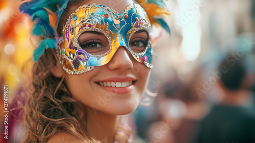 A joyful woman wearing an ornate, colorful carnival mask with feather decorations, smiling in a festive atmosphere