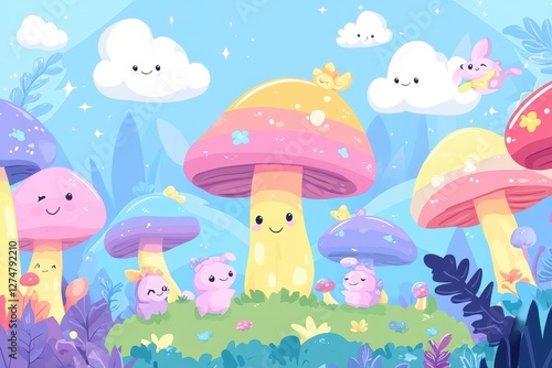 Cartoon pastel mushroom forest with friendly creatures and smiling clouds