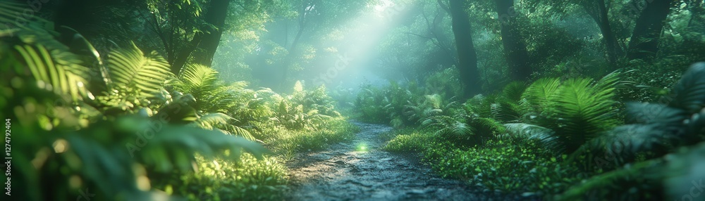 Fototapeta premium Hiking through dense forest with glowing AR trail guidance, vibrant natural setting, dynamic motion, photorealistic