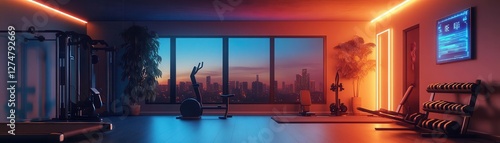 Home gym with modern equipment and glowing AR fitness data, sleek design, vibrant lighting, photorealistic
