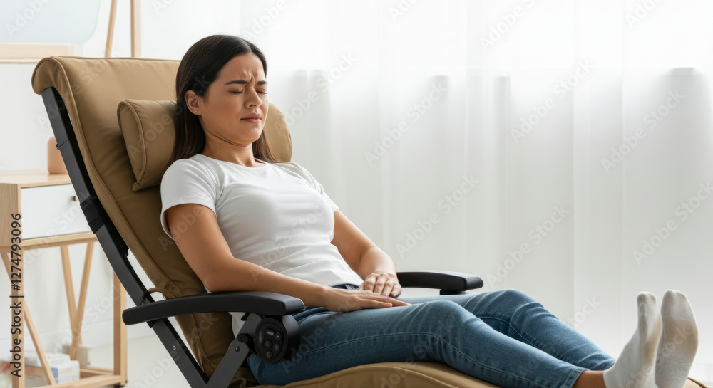 A woman is sitting in a reclining chair with her legs crossed A woman is sitting in a reclining chair with her legs crossed