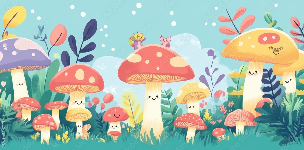 Cartoon mushroom forest with happy faces and whimsical details Cartoon mushroom forest with happy faces and whimsical details