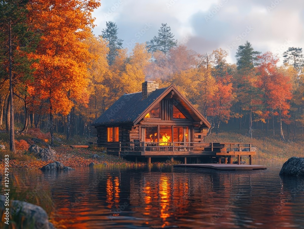 Obraz premium Lakeside cabin in autumn with glowing AR fire controls, vibrant fall colors, cozy atmosphere, photorealistic
