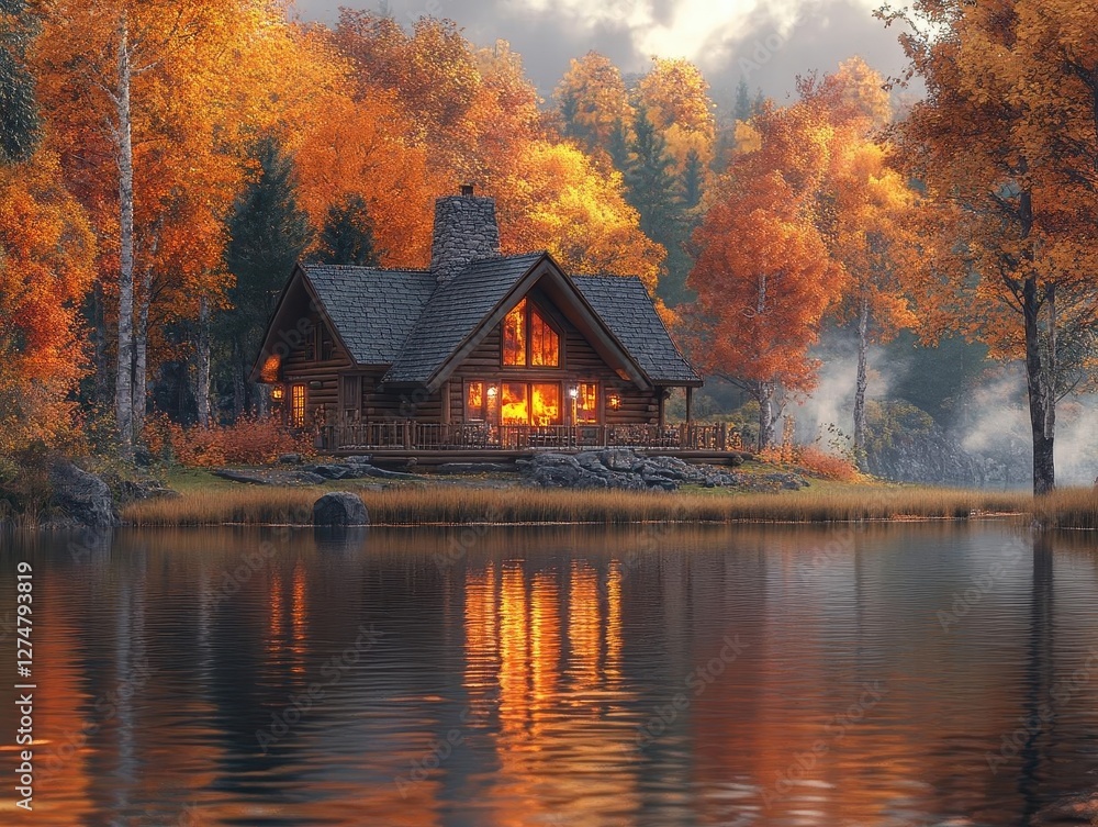 Lakeside cabin in autumn with glowing AR fire controls, vibrant fall colors, cozy atmosphere, photorealistic Lakeside cabin in autumn with glowing AR fire controls, vibrant fall colors, cozy atmosphere, photorealistic