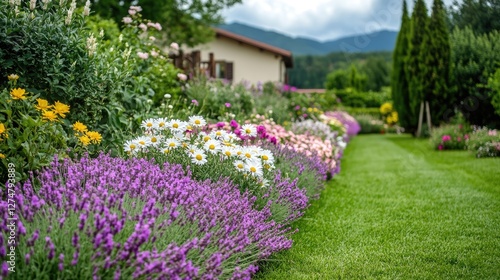 A beautiful flower garden with rows of colorful daisies, roses, and lavender, creating a peaceful and vibrant outdoor setting.