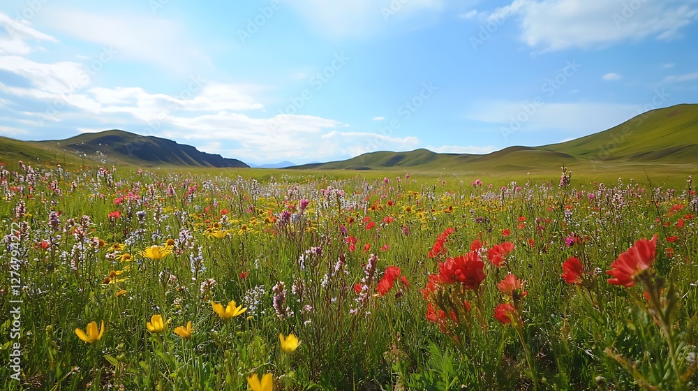 Vibrant Wildflower Meadow in Rolling Hills Landscape Vibrant Wildflower Meadow in Rolling Hills Landscape