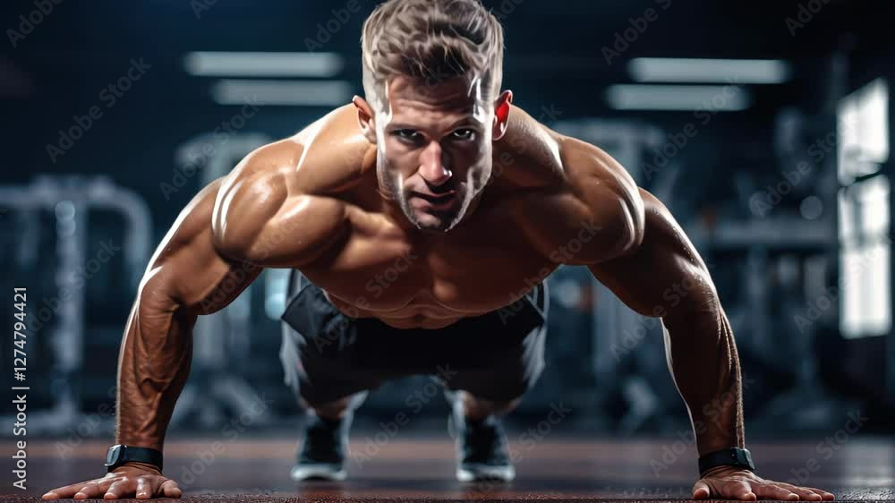 Muscular man showcasing strength by doing onehanded pushups in a gym setting. Muscular man showcasing strength by doing onehanded pushups in a gym setting.