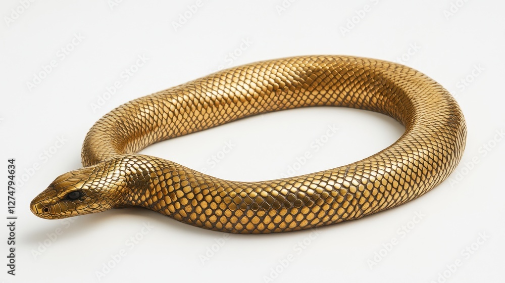 Naklejka premium A thin gold snake chain necklace elegantly coiled and displayed on white