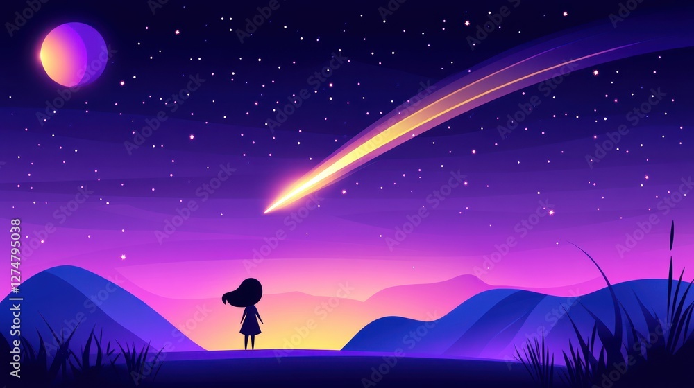 Fototapeta premium Girl Watching Shooting Star Night Sky Landscape Art