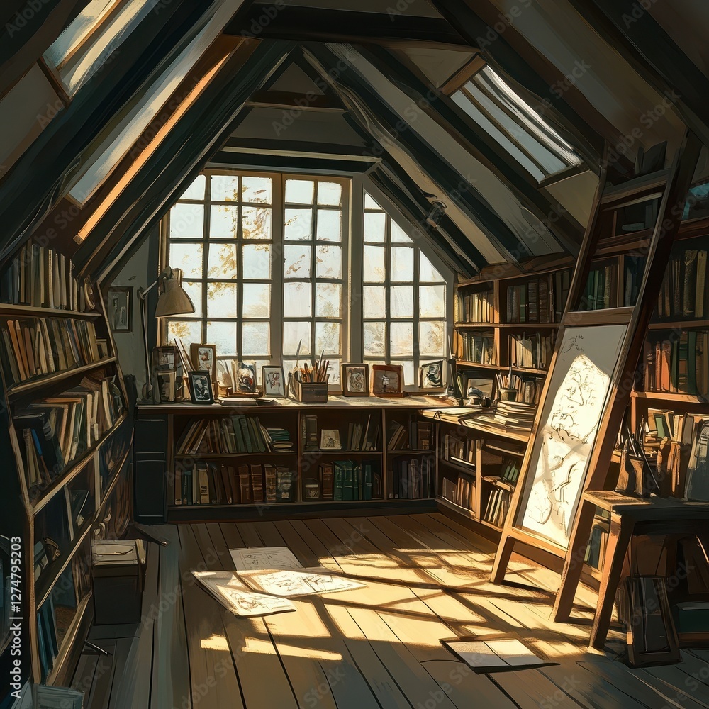 Sunny artist attic studio with bookshelves and natural light Sunny artist attic studio with bookshelves and natural light