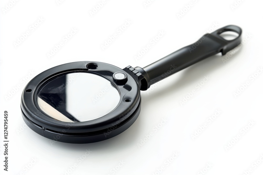 A detailed view of a portable magnifying glass resting on a clean white surface in soft lighting isolated on transparent background