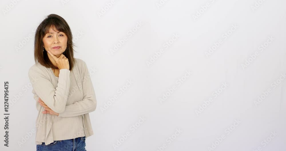 Woman acting surprised pointing at presentation white background copy space