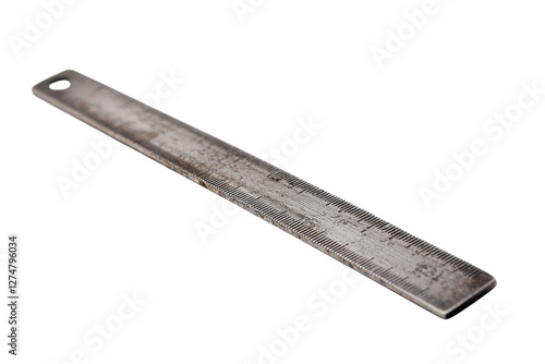 A close-up view of a weathered metal ruler on a white background showcasing its detailed markings isolated on transparent background photo