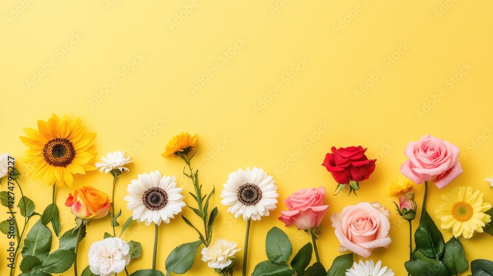 A fresh and lively bouquet of roses, sunflowers, and daisies, all arranged against a bright yellow backdrop. A fresh and lively bouquet of roses, sunflowers, and daisies, all arranged against a bright yellow backdrop.