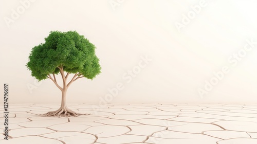 Lush Green Tree on Cracked Earth Background Image