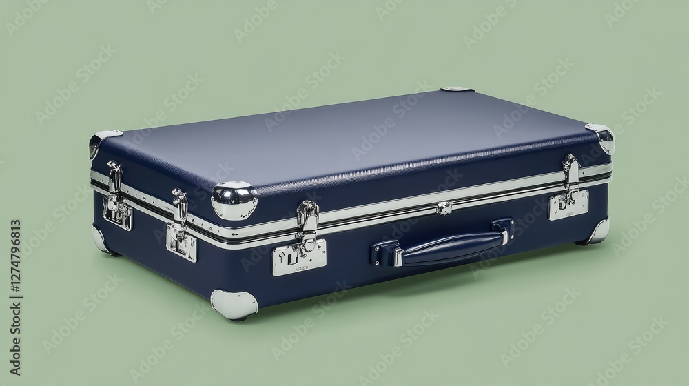 A high-quality, navy blue suitcase with a smooth exterior and built-in lock, displayed on a solid green background. A high-quality, navy blue suitcase with a smooth exterior and built-in lock, displayed on a solid green background.