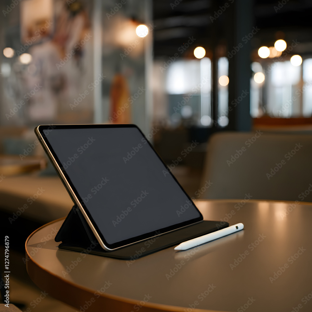 Digital tablet with blank screen on wooden desk with white stylus and potted green plants in modern home office Digital tablet with blank screen on wooden desk with white stylus and potted green plants in modern home office