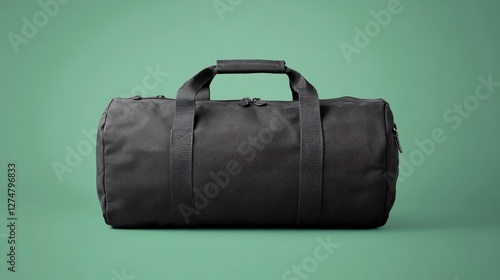 A large, black duffle bag with reinforced straps and zipper, set against a rich green background.