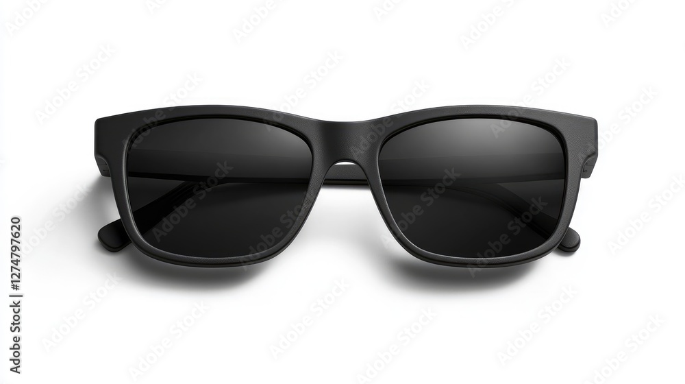 A pair of modern wayfarer sunglasses with matte black frames and dark lenses, neatly positioned on a white background, top-down angle. A pair of modern wayfarer sunglasses with matte black frames and dark lenses, neatly positioned on a white background, top-down angle.