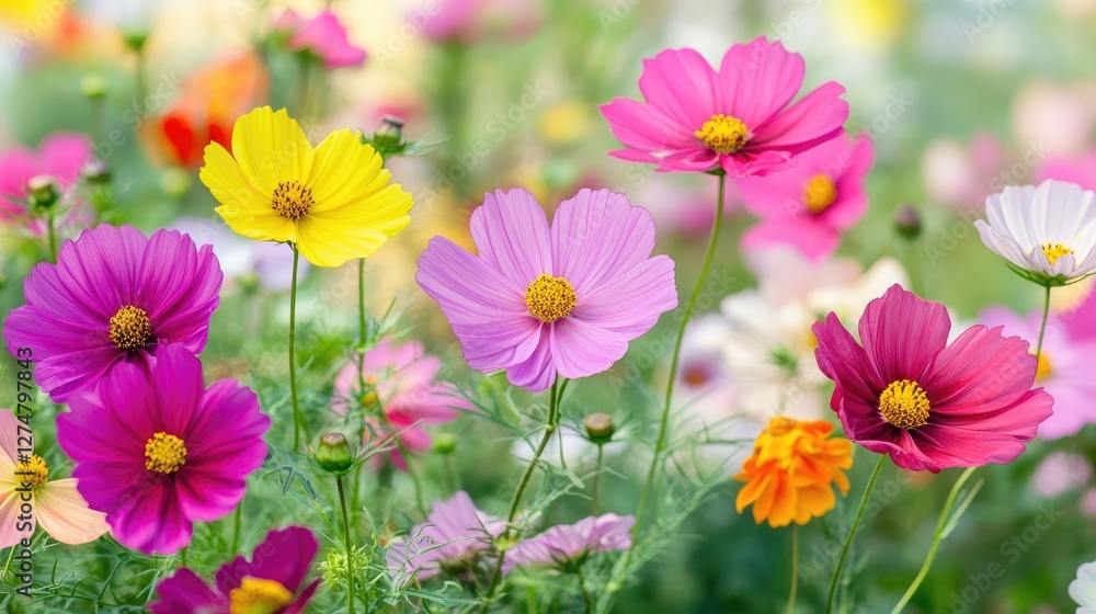 A patch of bright cosmos flowers with vivid colors, perfectly complementing the green garden background. A patch of bright cosmos flowers with vivid colors, perfectly complementing the green garden background.
