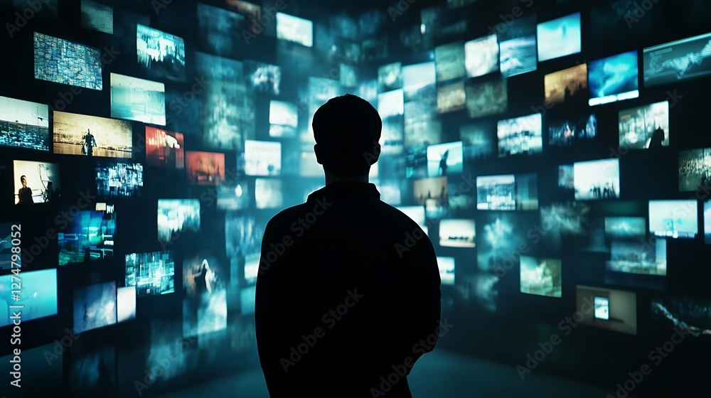 Man Observing a Wall of Digital Images: Exploring the Vastness of the Digital World Man Observing a Wall of Digital Images: Exploring the Vastness of the Digital World