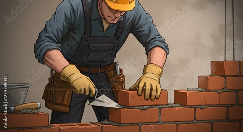 Bricklayer Laying Brick Wall Professionally with Tool Belt and Hardhat