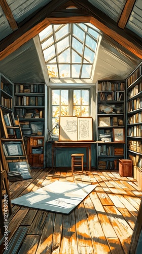 Cozy and bright artist studio with bookshelves and sunlight