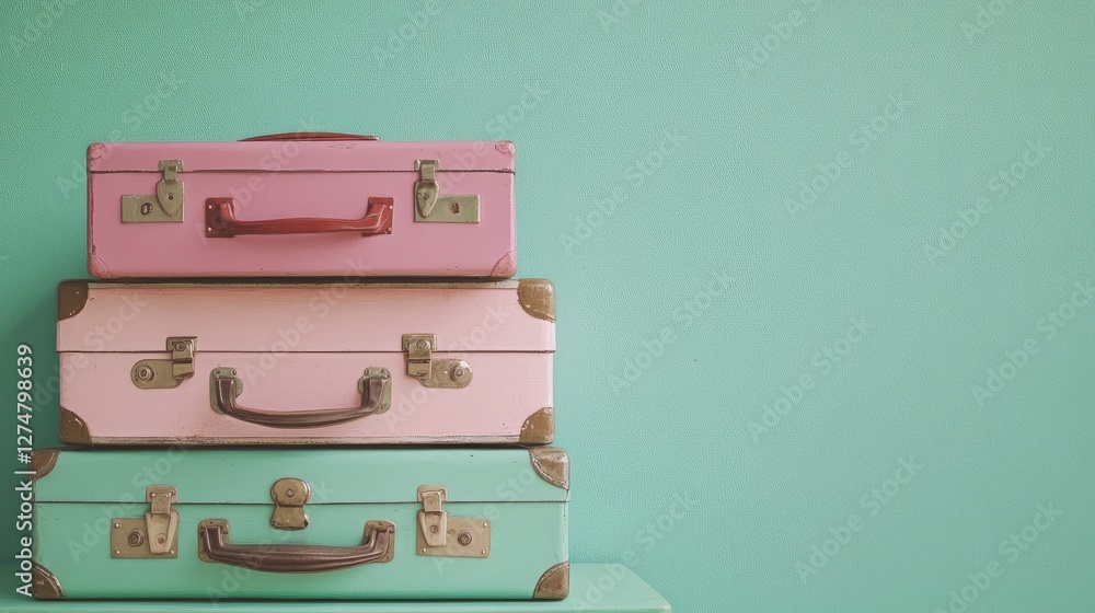 A set of three different-sized suitcases in pastel colors, stacked neatly on a vibrant green background. A set of three different-sized suitcases in pastel colors, stacked neatly on a vibrant green background.