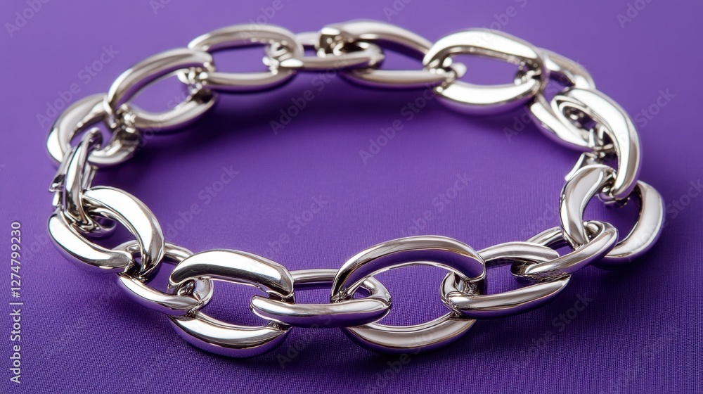Fototapeta premium Elegant bracelet with interlocking oval links in polished silver, displayed on purple