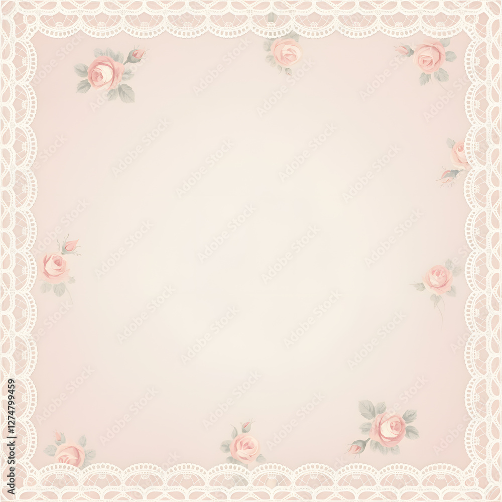 Soft romantic background with lace and rose flowers on light pink bokeh backdrop Soft romantic background with lace and rose flowers on light pink bokeh backdrop