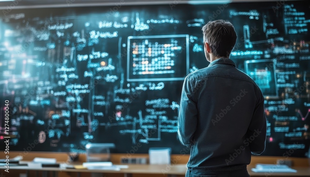 Teacher in front of a blackboard with glowing holographic notes, modern classroom setting, bright lighting, photorealistic Teacher in front of a blackboard with glowing holographic notes, modern classroom setting, bright lighting, photorealistic