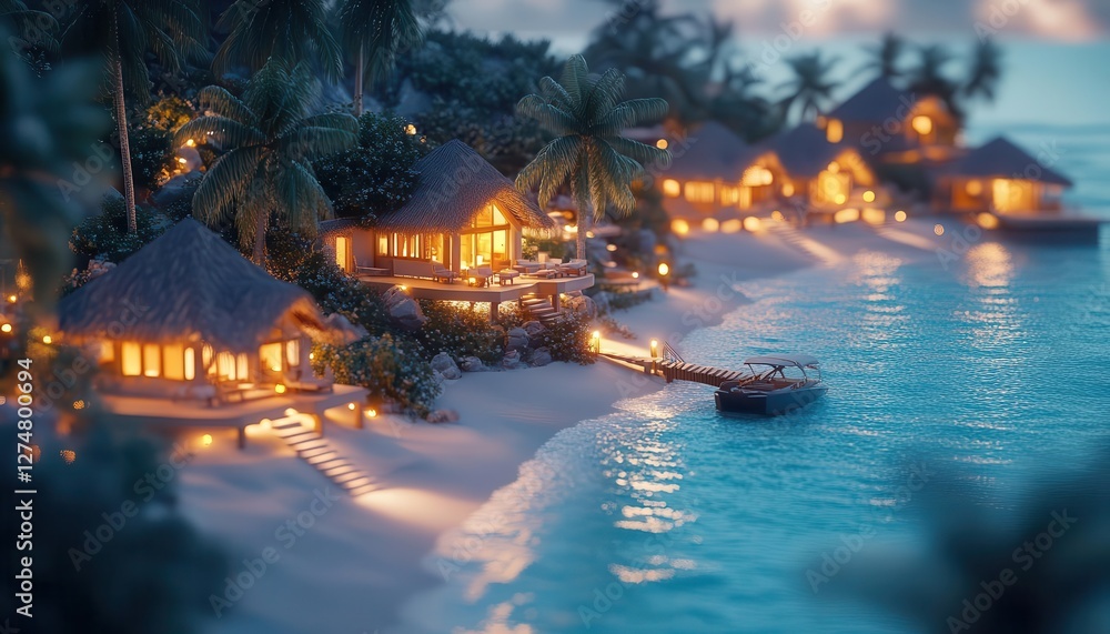 Tropical island resort with glowing AR amenities, pristine beach, soft warm lighting, photorealistic Tropical island resort with glowing AR amenities, pristine beach, soft warm lighting, photorealistic