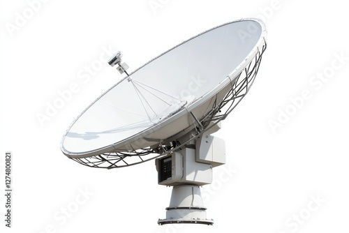 A large satellite dish capturing signals in a clear blue sky at midday isolated on transparent background