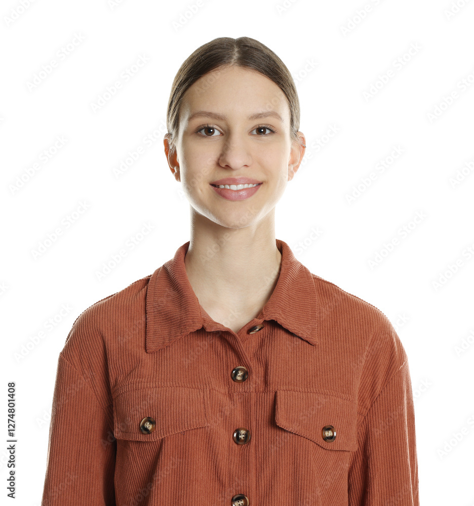 Portrait of smiling teenage girl on white background Portrait of smiling teenage girl on white background