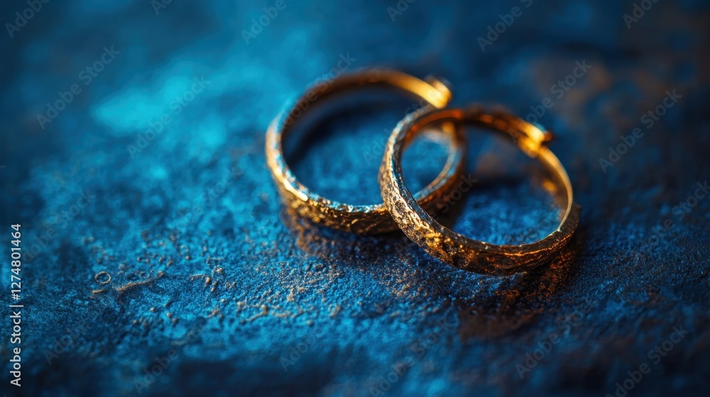 Hammered gold hoop earrings with a rustic handmade texture, softly placed on a smooth blue surface Hammered gold hoop earrings with a rustic handmade texture, softly placed on a smooth blue surface