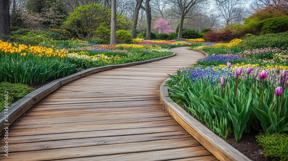 Obraz premium Beautiful wooden boardwalk stretching through a botanical garden filled with exotic spring flowers. No people no text