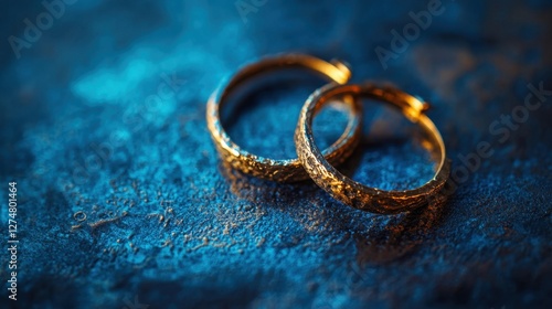 Wallpaper Mural Hammered gold hoop earrings with a rustic handmade texture, softly placed on a smooth blue surface Torontodigital.ca