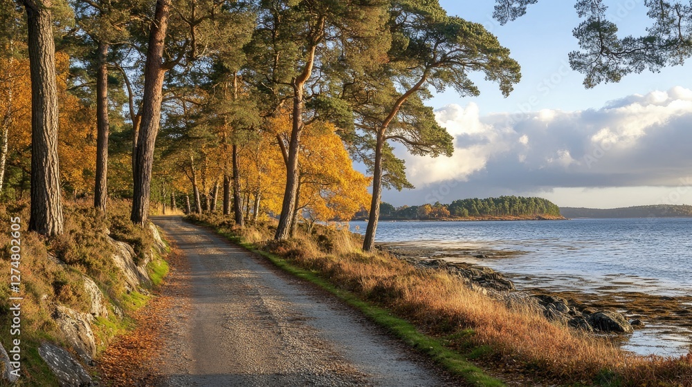 Calm coastal road with golden trees and waves crashing against rocky autumn shores. No people no text Calm coastal road with golden trees and waves crashing against rocky autumn shores. No people no text