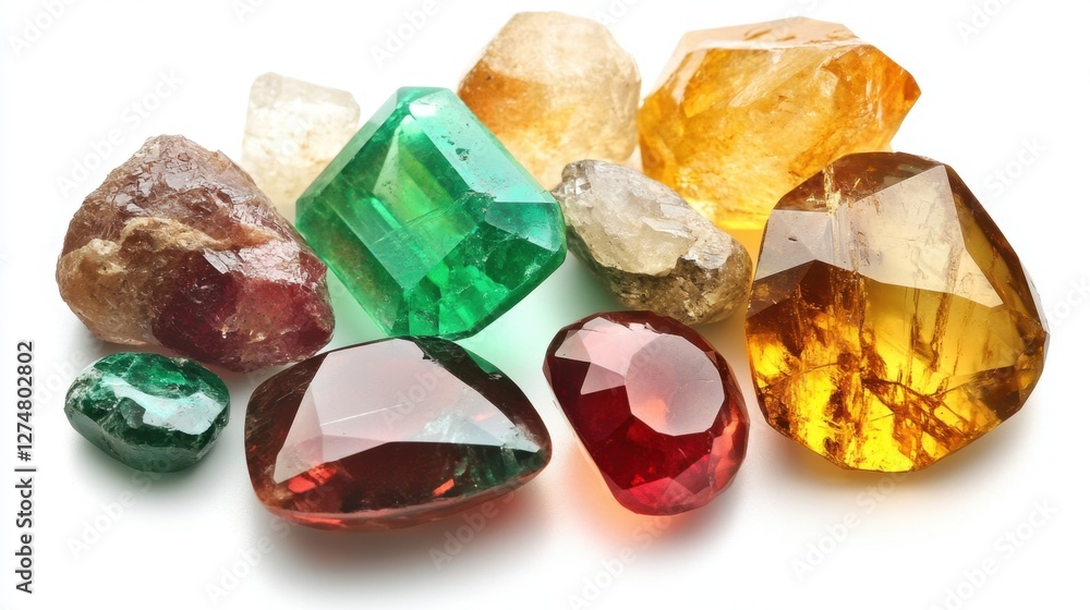 High-resolution gemstone collection featuring emerald, garnet, and citrine on white High-resolution gemstone collection featuring emerald, garnet, and citrine on white